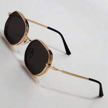 Men's Summer Metal Geometric Fashion Glasses, Streetwear Style, Available In Black/Gold/Silver/Brown, Create Fashionable School Season Look - Gold - View 5