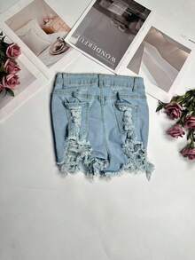 Summer Sexy Ripped Frayed Hem Fitted Shorts, Fashionable Cute, Versatile Outdoor Women Clothing Casual - Light Blue - View 6