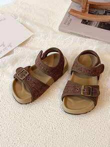 2026夏季新款女童编织凉鞋，魔术贴柔软防滑透气沙滩鞋，幼儿及小童休闲鞋 - 棕色 - 查看 4