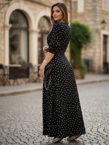Vestido largo con abertura sexy en pierna de lunares y animal print   Lunares    Casual  Sencillo  Sexy  Fiesta    Tela    Abertura  Asimétrico    Noche de fiesta  Vacaciones  Boda  Vacación  Diario  Tener una cita  Sesión de fotos  Calle    primavera-verano otoño-invierno - Negro lunares - Ver 2
