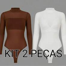 Basic Tulle Bodysuit With Long Sleeves - Fall/Winter 2025 Fashion - 棕色+白色 - 查看 1