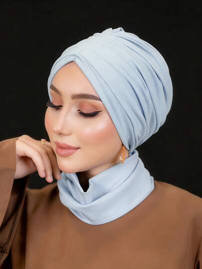 1pc Women's Instant Turban, Elegant Solid Color Headscarf, Versatile Slip-Resistant Absorbent Headwrap, Pleated Design For Voluminous Look, Soft Comfortable Modal Jersey Fabric, Suitable For Daily Wear, Yoga, Sports