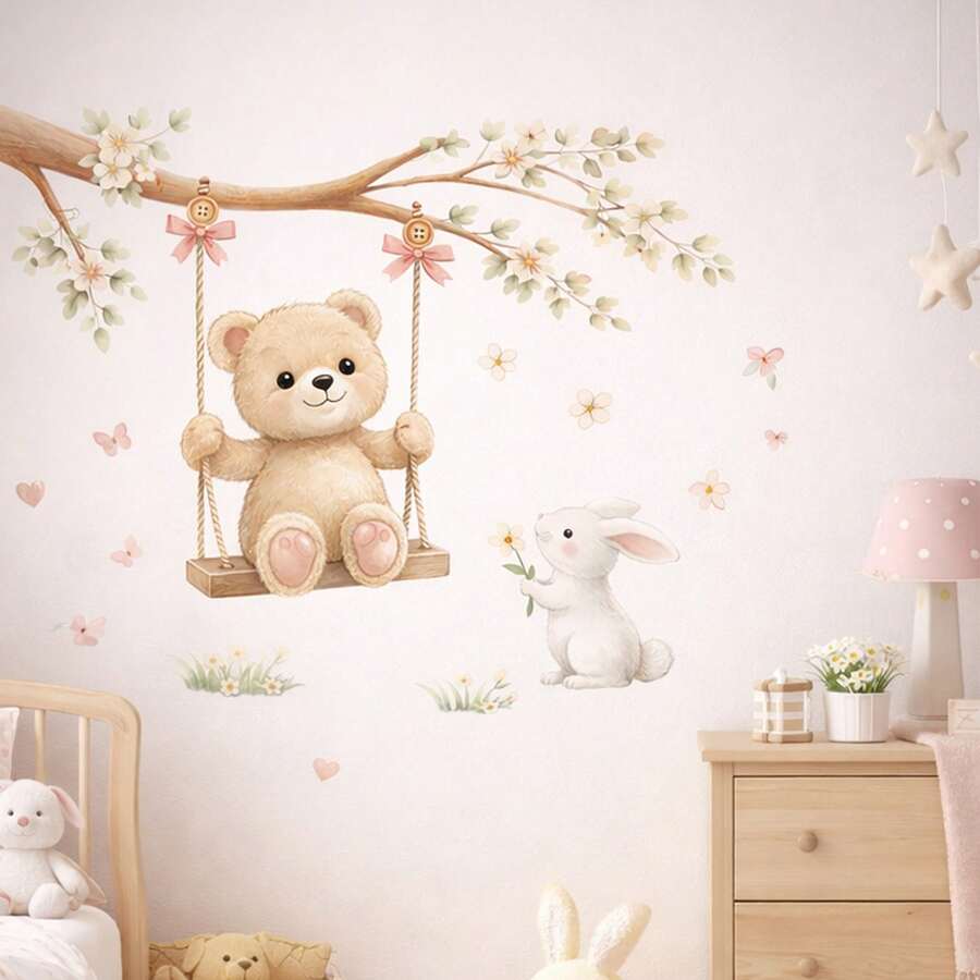 Hình dán tường phong cách Boho hình gấu bông và thỏ trên xích đu - Trang trí hoa và trái tim bằng màu nước - Hình dán tường tự dính có thể tháo rời, thích hợp trang trí phòng trẻ sơ sinh, phòng ngủ, phòng chơi và tiệc mừng em bé. - Gấu con Thỏ - Xem 1