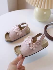 1 par de sandalias de playa casuales con flores 3D de PU para niñas, estilo clásico de princesa, antideslizantes, adecuadas para actividades al aire uso en verano de estudiantes - Rosa - Ver 3