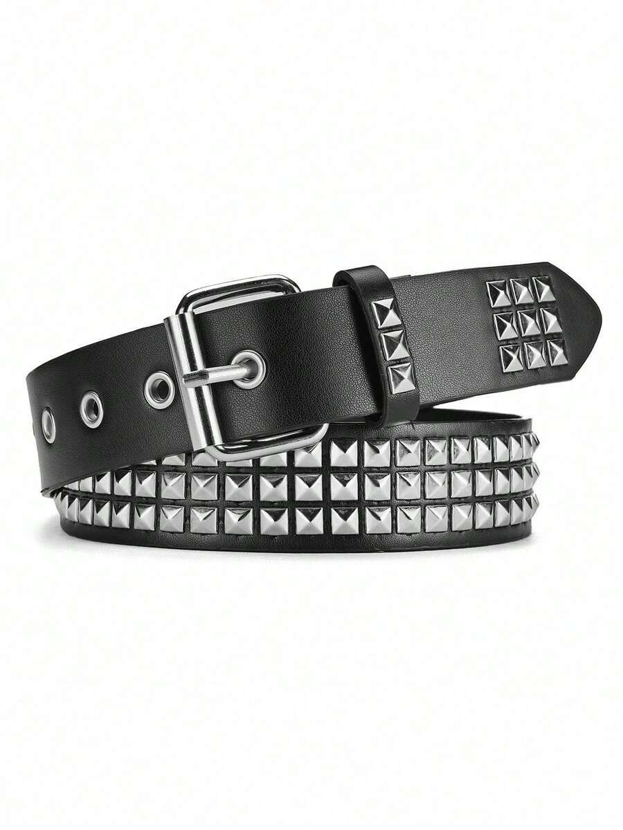 新款时尚铆钉腰带，重金属朋克风格腰带 - 适合作为礼物或个人风格配饰，男女皆宜，可搭配牛仔裤、连衣裙、休闲装和派对服装。 - 黑色 - 查看 1