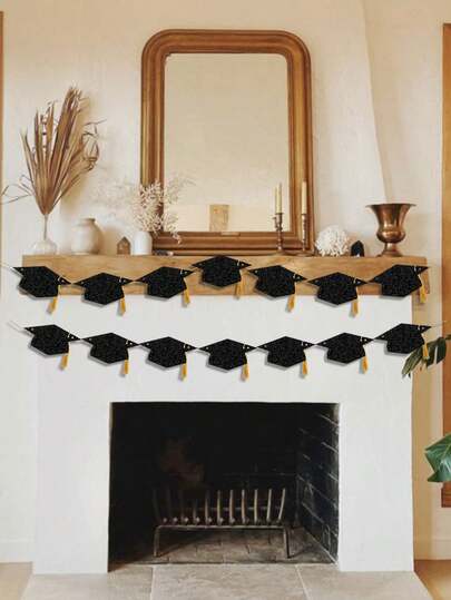 14pcs 2026 Black Glitter Graduation Cap Tassel Decor Hanging Banner With Adhesive Hook, Black & Gold Graduation Banner, Pre-Assembled Glitter Graduation Cap Banner, University & High School Graduation Party Decor, Congratulations Banner, 2026 Graduation Party Supplies