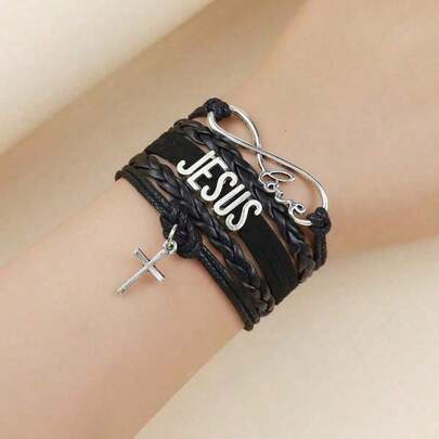 Jesus Loves Me Leather Bracelet Multilayer Wrap JESUS Christian Bible Braided Bracelet Religious Ornaments Birthday Festival Present Jewelry Letter Bracelet Women Men