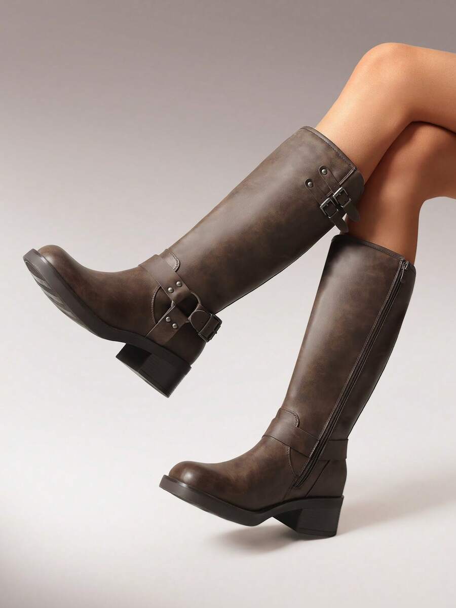 Women's Square Toe Motorcycle Boots Side Zipper Knee High Boots Chunky Low Heel Buckle Decorated Fashion Casual Riding Boots Festival Woman Shoes - 棕色 - 查看 1
