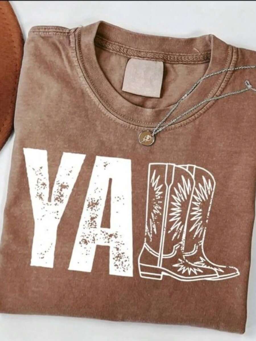2026 Tops For Women, Washed Cotton Women's T-Shirt, Vintage Western Print Women's T-Shirt, Southern Country Cowgirl Shirt, Cowboy Boot Style, Cute Cowboy Rodeo Country Concert Outfit T-Shirt, Cute And Stylish T-Shirt, Universal Loose Bohemian Style T-Shirt, Local Warehouse, Elegant And Cute Women's Clothing, Loose And Comfortable Summer Tops - 咖啡色 - 查看 1