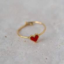 1pc Gold & Red Stainless Steel Heart Shaped Ring, Material, Eternal Classic Element, High Quality Minimalist Style For Daily Wear - Gold - View 2