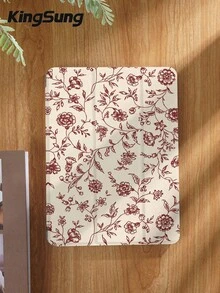 Deep Wine Red Line Flower Print Tablet Protective Case,Compatible With 9.7/10.2/10.5/10.9/12.9/Pro 11, 10th Gen,Compatible With Samsung Galaxy Tab S6 Lite 10.4 Inch,Compatible With Kindle Paperwhite 12th Gen 2024,Kindle (11th Generation) 2022 Release,Kobo Clara Colour,Soft Anti-Fall Protection,Smart Stand/Automatic Wake Up/Sleep - Multicolor - View 2