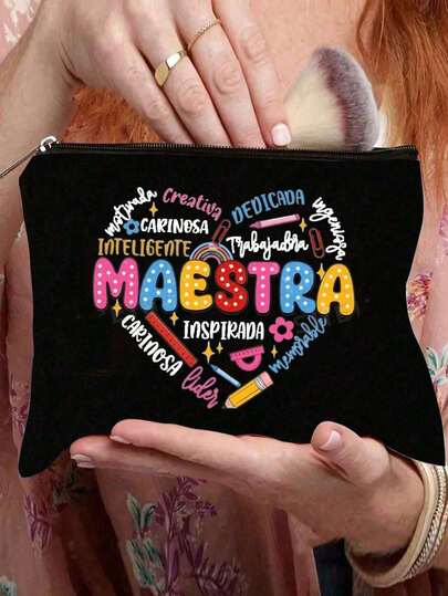 1 pieza Regalo del Día del Maestro, Bolsa de cosméticos con estampado de letras para el mejor maestro, Bolsa con cremallera para regalo, Bolsa de maquillaje de viaje, Bolsa de almacenamiento de cosméticos, de gran capacidad adecuada para vacaciones, playa, baño, dormitorio y otras ocasiones