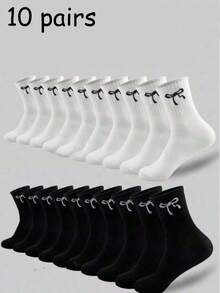 5/10/20 Đôi tất unisex đa năng, kiểu dáng thể thao và thường ngày, thiết kế nơ cổ điển, thoáng khí, dài đến giữa bắp chân, thấm hút mồ hôi, mềm mại, phù hợp cho mặc hàng ngày. - Đen và trắng - Xem 4