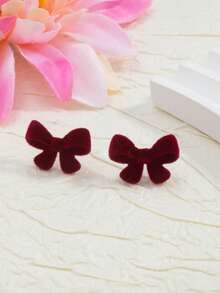 1 Pair Bow & Flower Design Earrings, Velvet Versatile Daily Wear Earrings - Multicolor - View 7