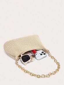 Women's Underarm Shoulder Bag, Square Metal Chain Bag, Large Capacity, Lightweight, Casual & Fashionable Beach Vacation Style, Suitable For Shopping And Vacation, Holiday - Màu be - Xem 5