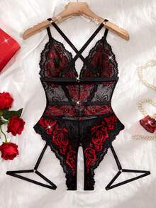 2 Pcs Women's Sexy Lingerie Set Adjustable Cross-Back Straps, Triangle Cup, Backless Open-Crotch Bodysuit & Adjustable Garter Belt Comfortable For Home, Elegant For Special Occasions - Black - View 4
