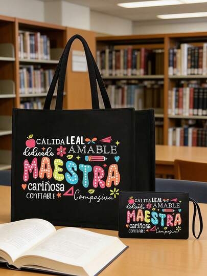 Set de regalo del Día del Maestro, que incluye bolso de lona con estampado de letras, bolsa de cosméticos, monedero, adecuado para maestros, enfermeras, médicos y otras profesiones, bolsa de compras minimalista y ligera, bolsa de almacenamiento, bolso de lona de gran capacidad para mujeres