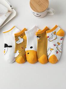 5 Pairs Cute Cartoon Yellow Duck Pattern Breathable Ankle Socks, Versatile Daily Wear Socks For Women, Fun & Happy Socks - Multicolor - View 3