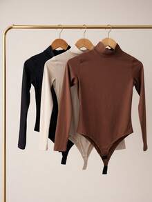 Women's Bodysuit Kit, High Neck, Long Sleeve, Second Skin, Basic, Versatile, Fashion Blogger Style, - BLACK-bEIGE-cOFFEE - View 1