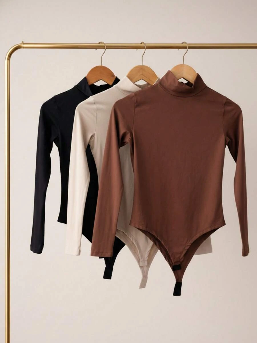 Women's Bodysuit Kit, High Neck, Long Sleeve, Second Skin, Basic, Versatile, Fashion Blogger Style, - BLACK-bEIGE-cOFFEE - View 1