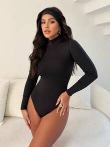 Women's Bodysuit Kit, High Neck, Long Sleeve, Second Skin, Basic, Versatile, Fashion Blogger Style, - ĐEN-XÁM-ĐỎ - Xem 3
