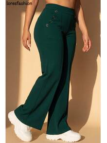 Pantalón de vestir mujer cintura alta pierna ancha stretch crepé casual elegante para oficina reuniones eventos bolsillos pretina elasticada botón forrado antiarrugas sin transparencia suave - Verde militar - Ver 7