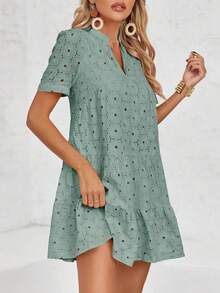 Women's Summer Lace Eyelet Dress Flowy Babydoll Swing V Neck Tunic Short Sleeve Dress - Light Green - View 3