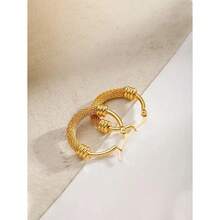 1pair Vintage Stainless Steel Round Hoop Earrings For Women With Geometric Metal Pendant, Fashion Jewelry Gift - Gold - View 3
