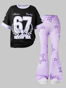 8-12 Jahre Mädchen süß & cool 2-teiliges Set, lila & schwarzes Patchwork bedrucktes Rundhals T-Shirt Top und lässige ausgestellte Hose, minimalistischer stilvoller Sommer-Outfit - Schwarz - Übersicht 5
