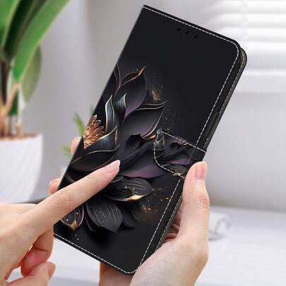 GLANDOTU 紫黑色莲花图案PU皮革钱包式手机壳，采用PU皮革翻盖设计，带卡槽和磁扣闭合，兼容多种品牌和型号。