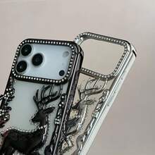 1pc Fashionable Electroplated 3D Rhinestone Deer Design Shockproof Phone Case Compatible With Apple 17 Pro Max, 16, 15, 14, 13, 12, 11 Series - Silver - View 3