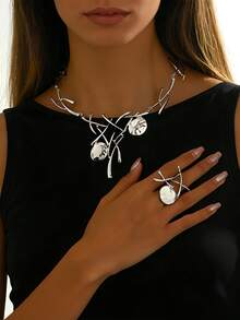 Bộ 2 món dây chuyền và nhẫn hợp kim hình nhánh cây bất đối xứng mới, phù hợp cho nữ giới đeo hàng ngày và trong các dịp lễ hội. - Bạc - Xem 6