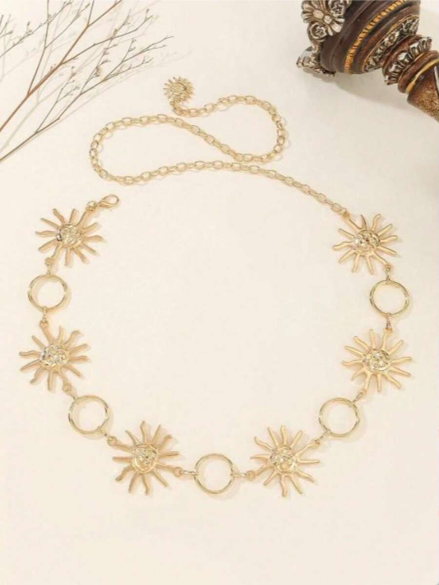 Plus Size Bohemian Vintage Floral Waist Chain - Gold - View 1