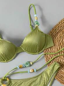 Bikinx Women's Elegant Spaghetti Strap Bikini Set With Knot And Beaded Details Backless Casual Swimsuit - 橄欖 - 查看 4