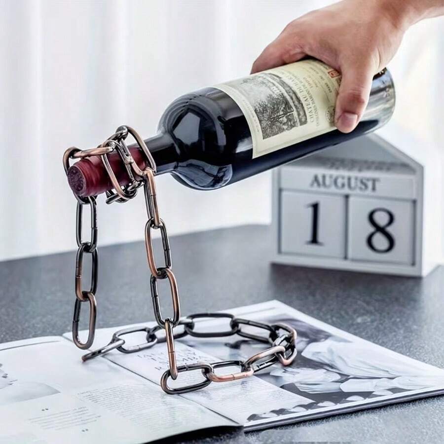 1 pieza Soporte de botella de vino de cadena de hierro, estantería colgante decorativa para botellas de vino, exhibidor colgante innovador para botellas de vino, accesorio de decoración del hogar moderno, pieza elegante para la sala de estar, estantería de almacenamiento y organización de la cocina