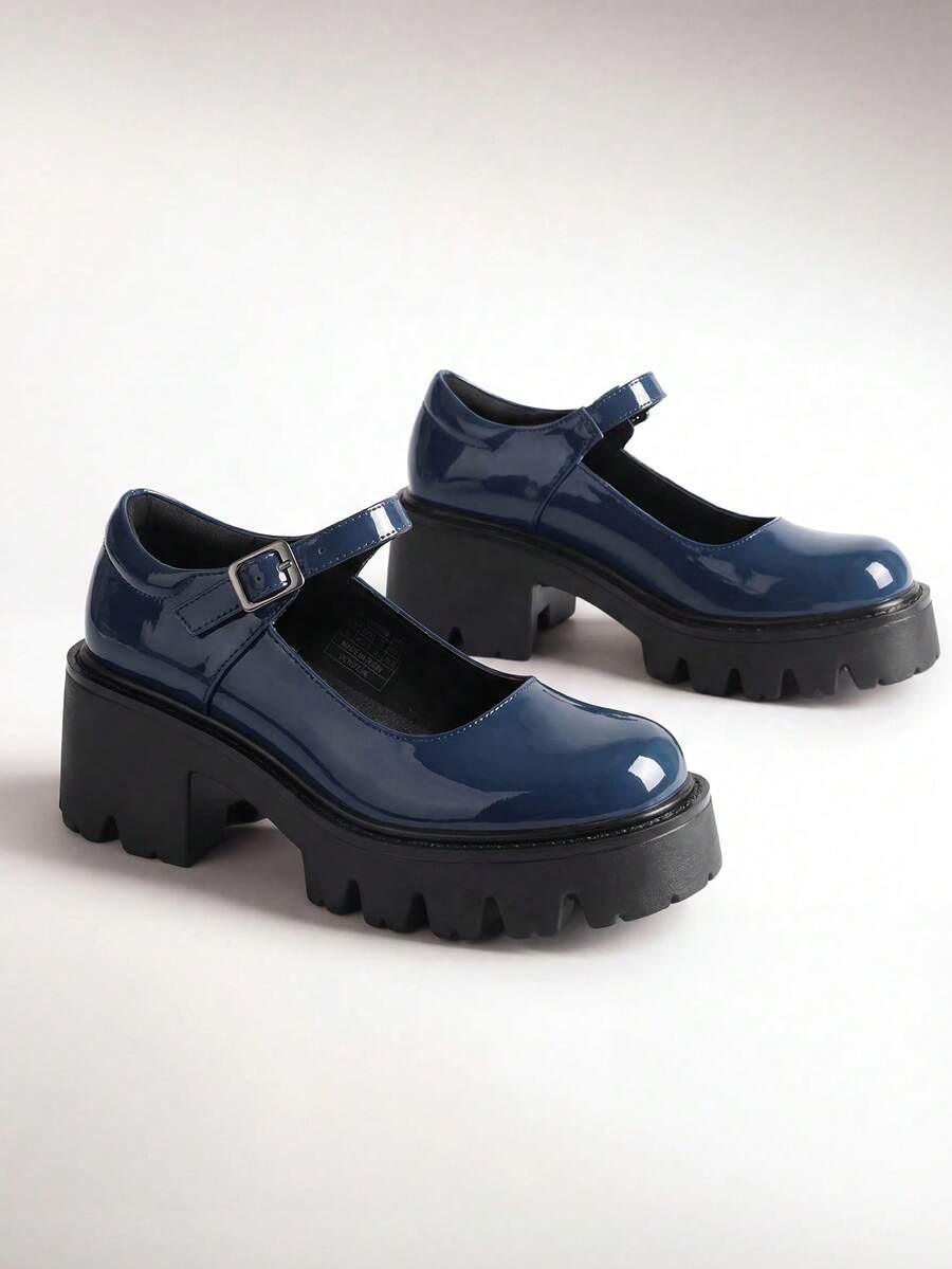 Women's Mary Janes Shoes Platform Chunky Low Heels Comfortable Cute Pumps Round Toe Ankle Strap Woman Shoes - 藏蓝色 - 查看 1