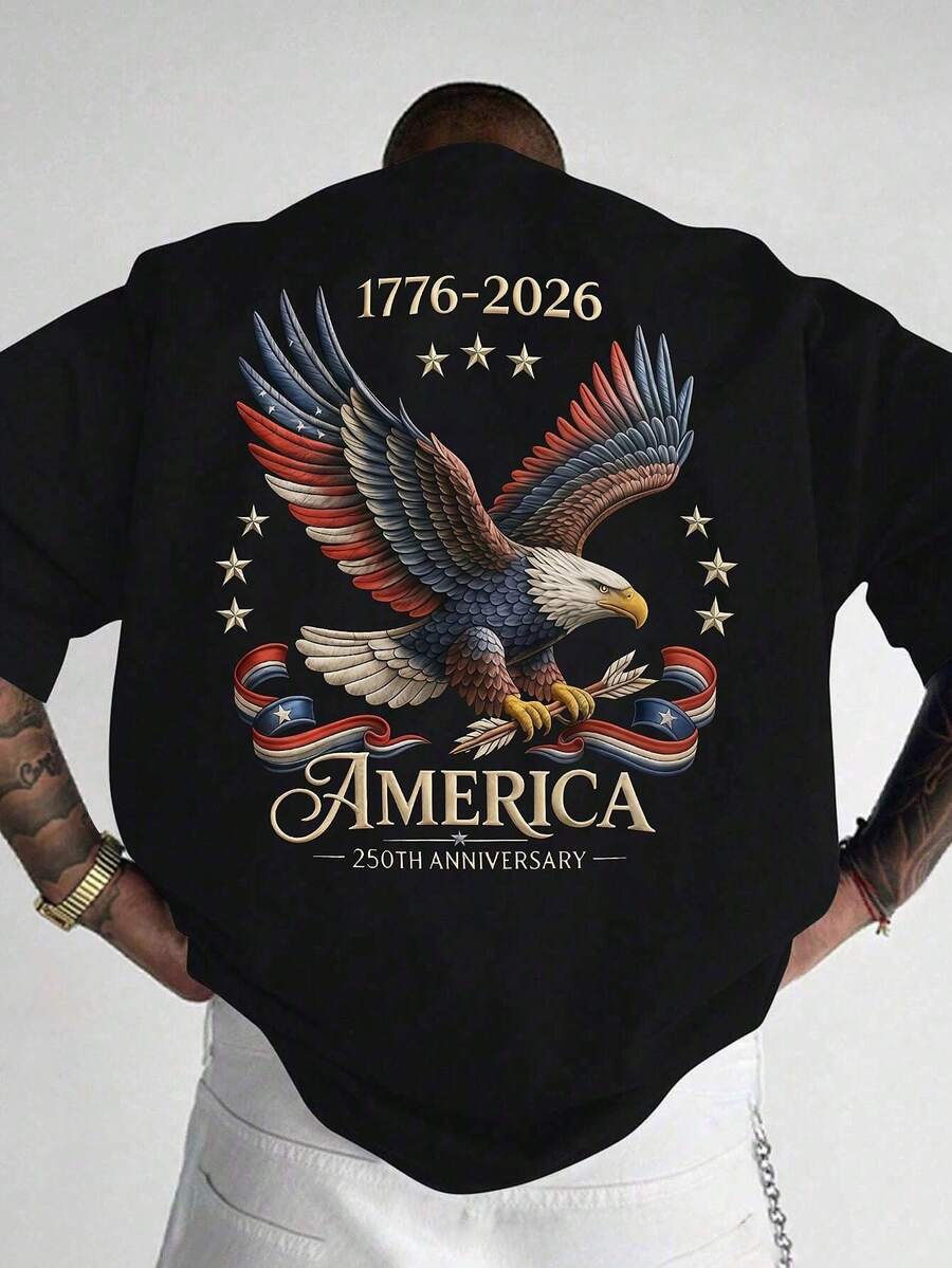 男士时尚印花宽松短袖T恤一件装 | 精致设计 | 夏季必备 | 易于搭配，展现您的风格 - 黑色 - 查看 1