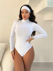Women's Bodysuit Kit, High Neck, Long Sleeve, Second Skin, Basic, Versatile, Fashion Blogger Style, - GRAY-cOFFEE-wHITE - View 4
