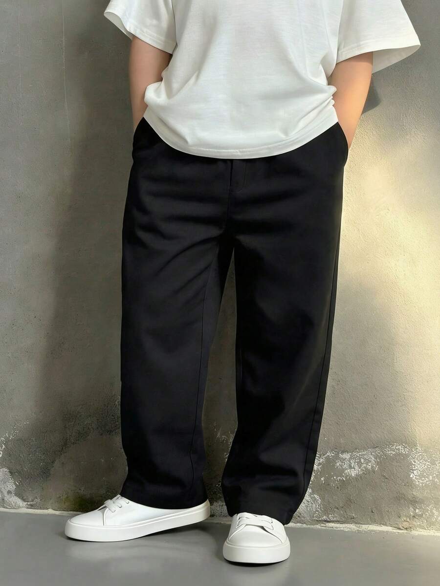 1pc Boys' Solid Color Casual Fashion Pocket Long Straight Cargo Pants, Suitable For 4-7 Years Old, All Season - Black - View 1