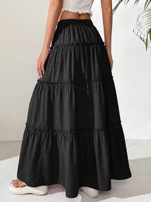 Women Casual Elastic High Waist Drawstring Pleated Layered Flowy Long Skirt Summer Boho Beach Vacation Holiday Going Out Valentine Maxi Skirt Outfits - màu đen - Xem 2
