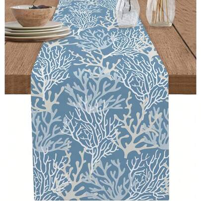1PC Light Blue Coral Coast Summer Table Runner - Ocean Nautical Style, Seasonal Holiday Kitchen Table Decor For Home Parties, Indoor 33X183 Cm