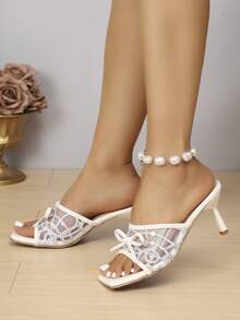 2026新款女士春夏蕾丝网面白色高跟穆勒凉鞋，方头细跟蝴蝶结套脚鞋 - 白色 - 查看 3