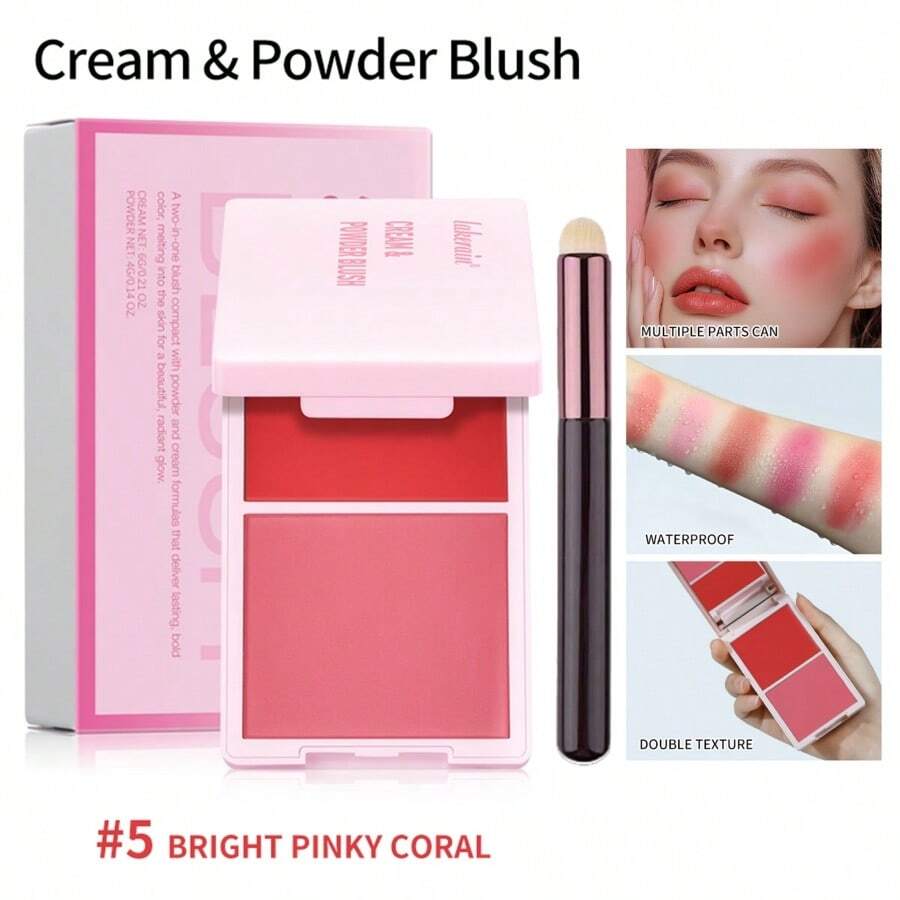 2IN1 Pink Blush Matte Dewy Rosy Blush With Brush Makeup Pan Long Wearing High Pigment Orange Red Cream & Powder Blush Palette - 彩色 - 查看 1
