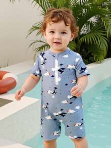 Baby BoyOne-Piece Swimsuit, Quick-Dry Cartoon Animal Print Swimwear, Cute Infant Beachwear - Dusty Blue - View 1