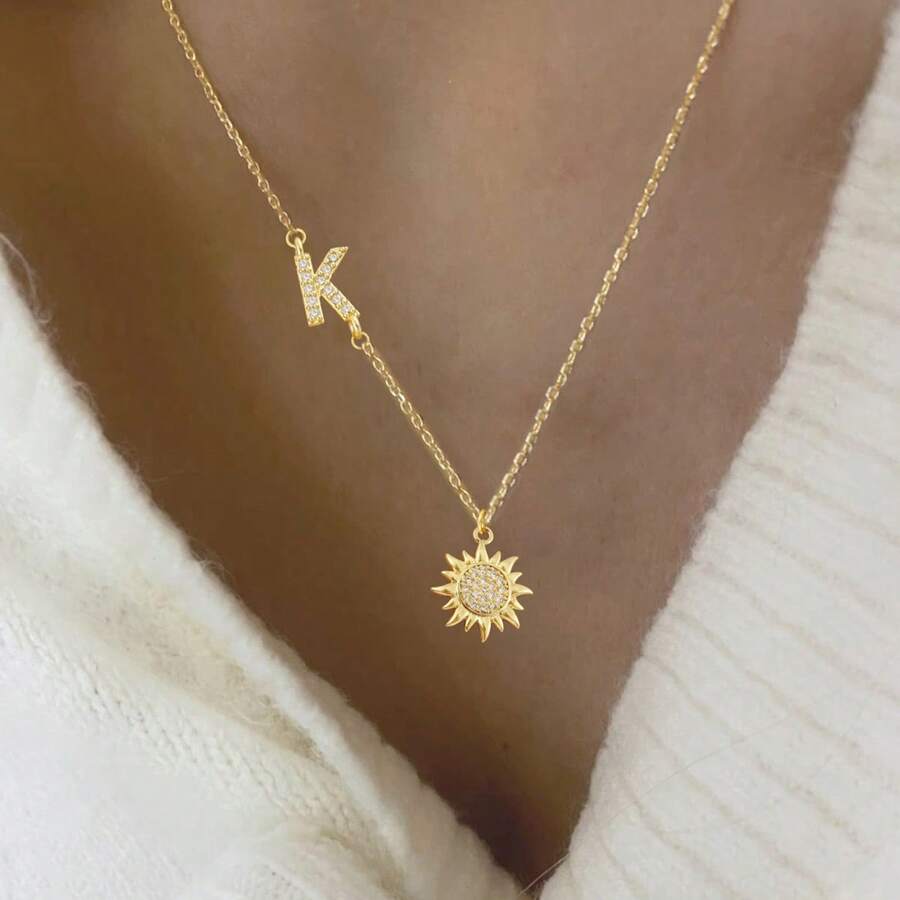 1件新款经典太阳字母吊坠金色不锈钢链项链，女士款 - 金黃色 - 查看 1
