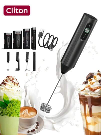 CLITON 4 colores disponibles: Negro/Blanco/Verde/Rosa Espumador de leche eléctrico portátil/Espumador de café, recargable con base de carga y múltiples cabezales de batidor, mezcla a alta velocidad, apto para chocolate caliente, capuchino, latte y otras bebidas, duradero, excelente regalo de Navidad para amantes del café