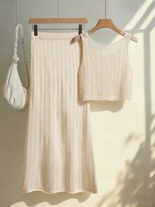 女士优雅复古纯色罗纹针织镂空两件套吊带长裙套装 夏季休闲都市度假沙滩装 - 杏色 - 查看 4