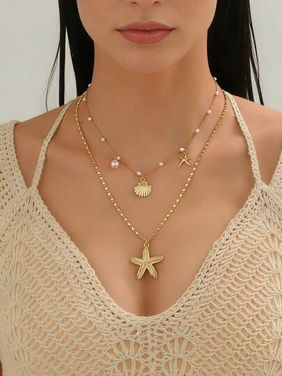 1 Set de collar de múltiples capas con perlas falsas, estrella de mar y conchas, estilo de vacaciones en la playa de verano, adecuado para el uso llamativo de las mujeres en vacaciones en la playa