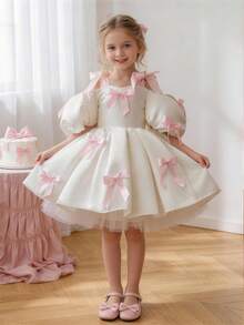 Young Girl Spaghetti Strap Bow Puff Sleeve Princess Dress, Suitable For Children Birthday Party, Flower Girl, Wedding, Banquet, Prom, Holiday Celebration - White - View 7