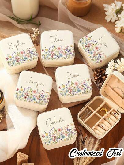 Personalized Elegant Floral Jewelry Box, Customized Name Beige Jewelry Box, Bridesmaid Jewelry Box, Travel Jewelry Case, Gift For Her, Couple Gift, Proposal Gift, Birthday Gift, Jewelry